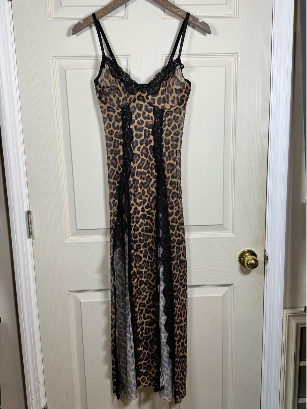 Leopard Print Maxi Slip Dress/Lingerie with Black Lace Trim